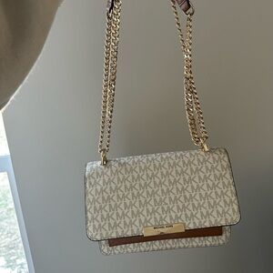 Michael Kors Cream MK Monogram Chain Crossbody with Gold Hardware